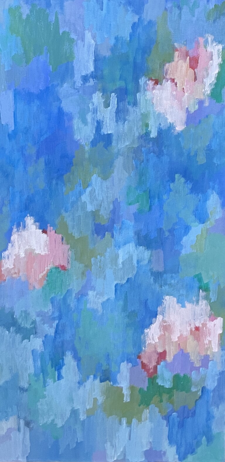 abstract piece in hues of green and blue with three large spots of rose in wavy patterns