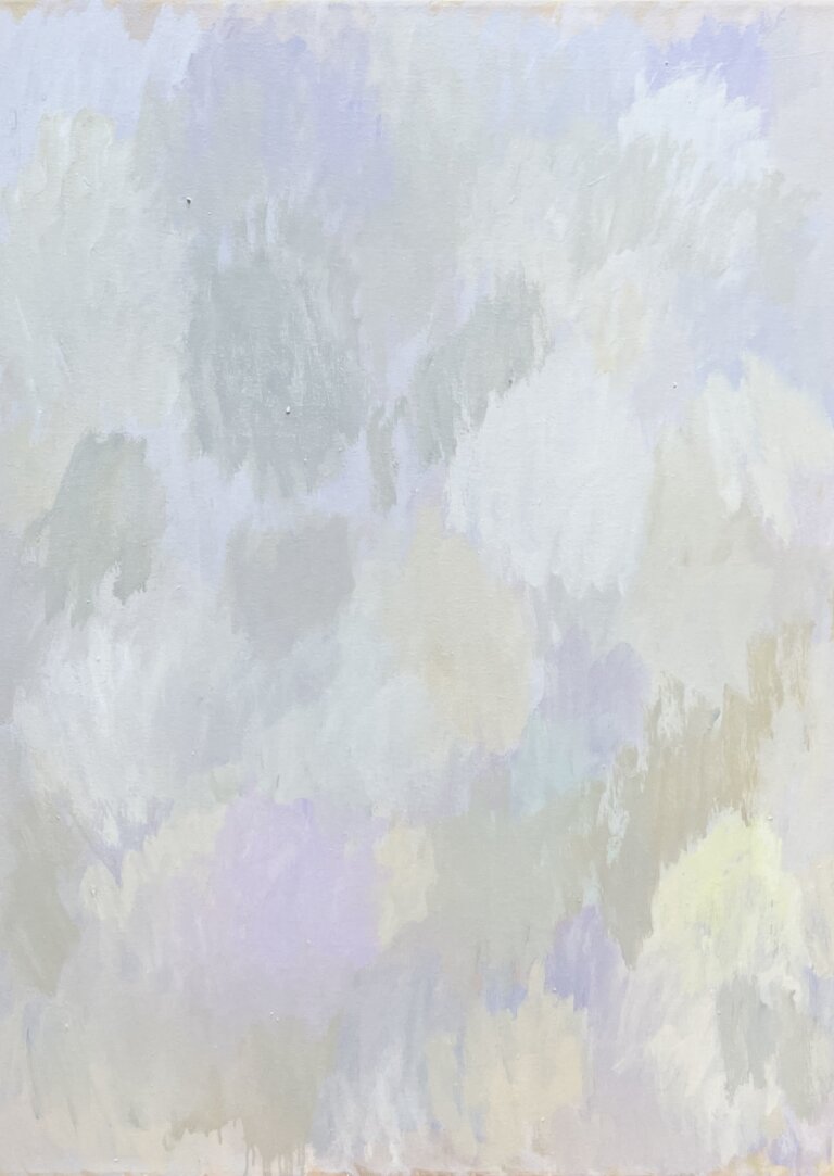 abstract piece in with organic shapes in hues of lavender, periwinkle, tan, and grey