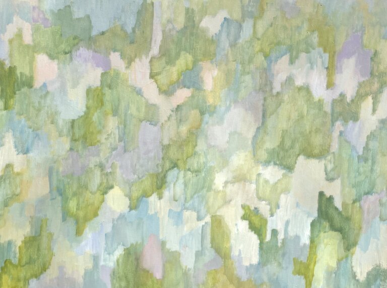 abstract piece in hues of green and blue with hints of lavender and peach in wavy patterns