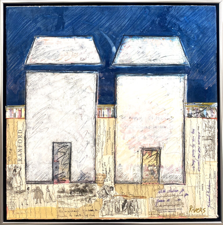 an abstract interpretation of two white houses next to each other against a blue sky and a neutral toned ground cover in scraps of paper and script