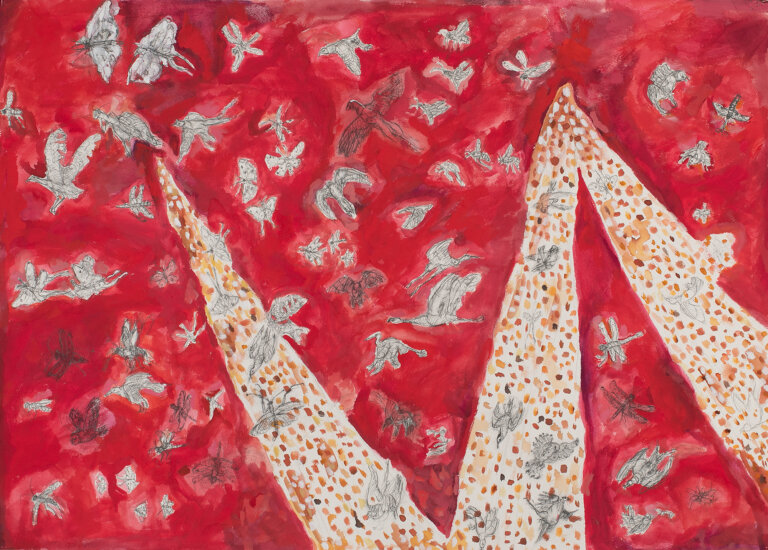 a red gouache background with a cream-colored spotted vector zigzagging across the piece. all around the vector are small birds, dragonflies, and butterflies drawn in black pencil. the vector is covered with dots of tan, terra cotta, and orange gouache