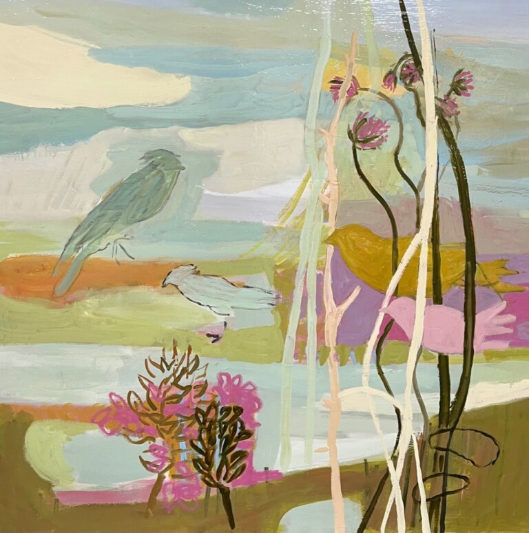 oil piece on panel board of four birds resting on branches. the background is a cloudy composition made up of different shapes of pink, pastel blues, light greens, and lilac. there are a few vertical bare tree branches to the right of the piece with a mustard yellow bird and a pale pink bird resting on the branches. to the left on the piece is a light teal bird and a pale blue bird. to the bottom left of the painting are a few burnt umber and bright pink leafy shapes
