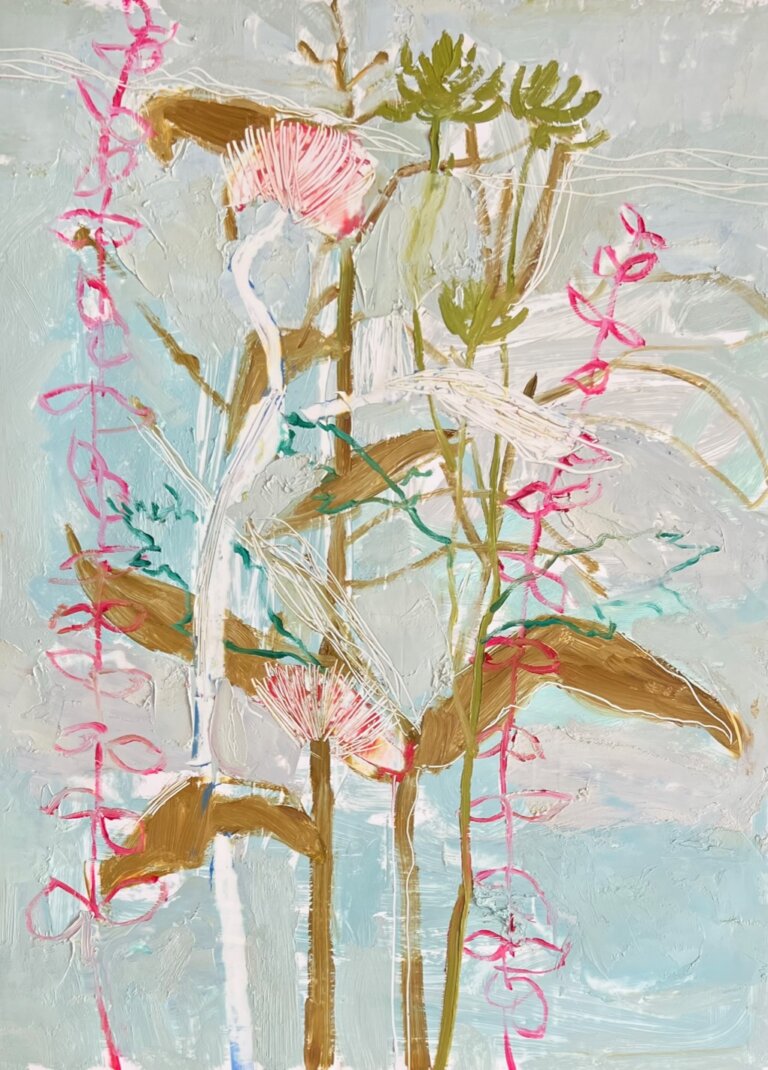 an oil piece on paper with a pastel blue and gray background with the thin leafy botanical stems in the foreground next to a white stem with a cream and red flower and a few brown leafy stems next to it with some green leaves.