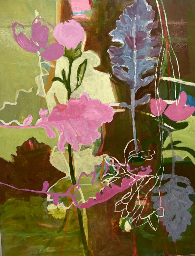 an oil piece on panel featuring leaves, flowers, and other botanical elements in greens, pinks, purples, and white on a background of blended shapes in shades of brown, lime green, and pine green