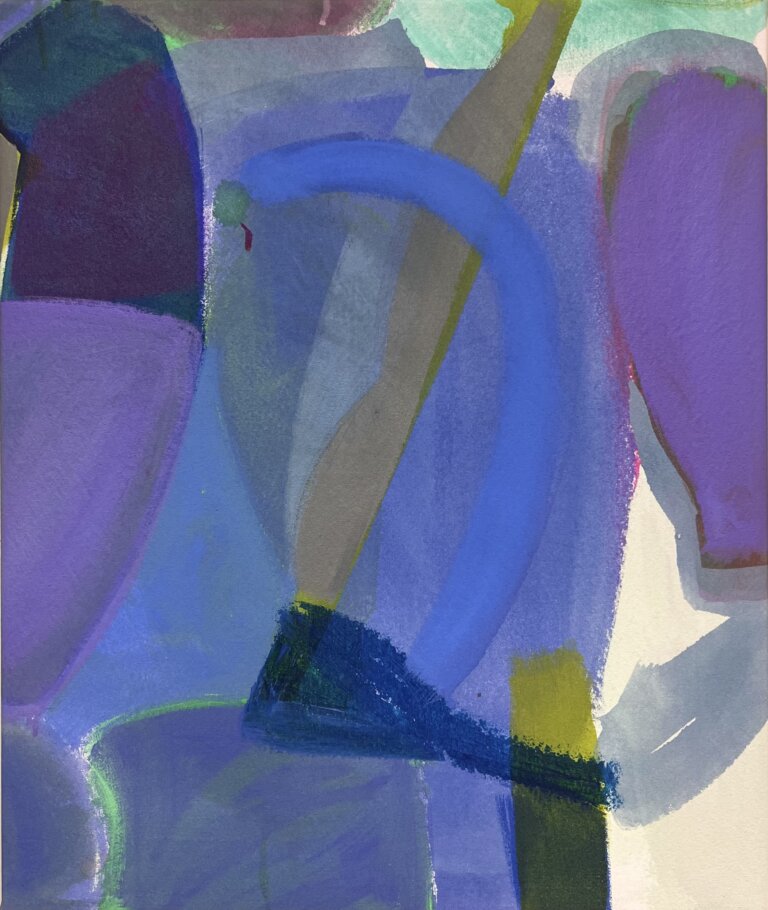 a viridian and violet abstract mixed media piece on canvas with large swooshing shapes that create depth and motion despite the 2d nature of the piece