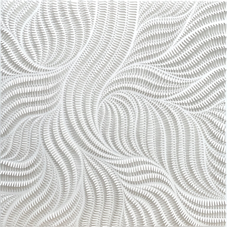 a hand cut paper relief on white paper scored with an exacto knife to produce depth and variation of texture in an organic, swaying pattern