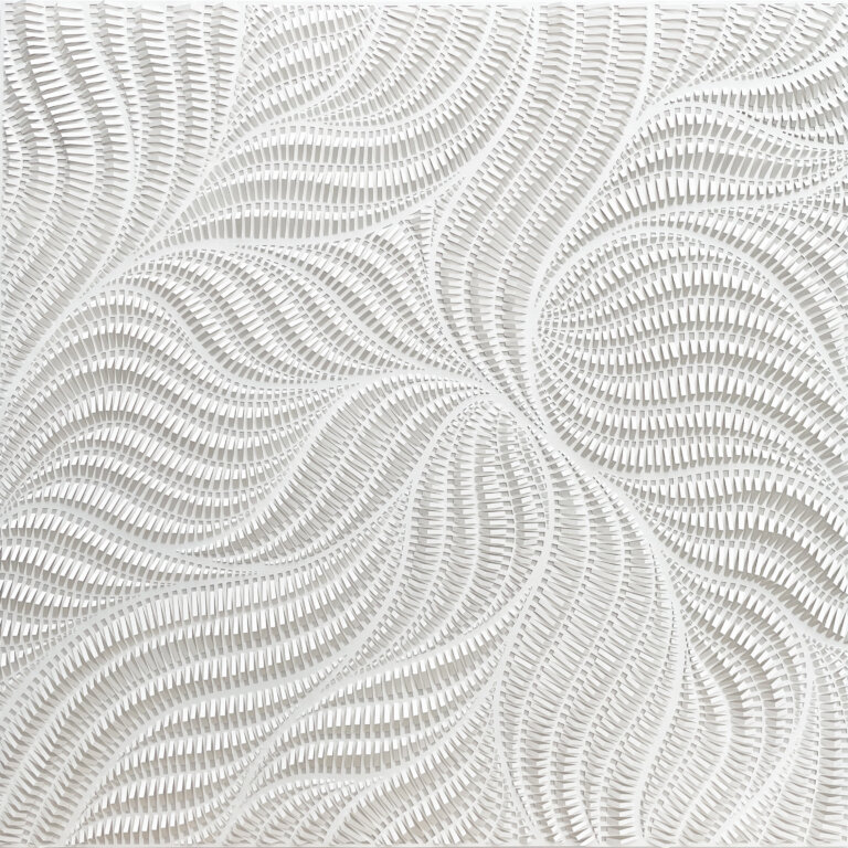a hand cut paper relief on white paper scored with an exacto knife to produce depth and variation of texture in an organic, swaying pattern