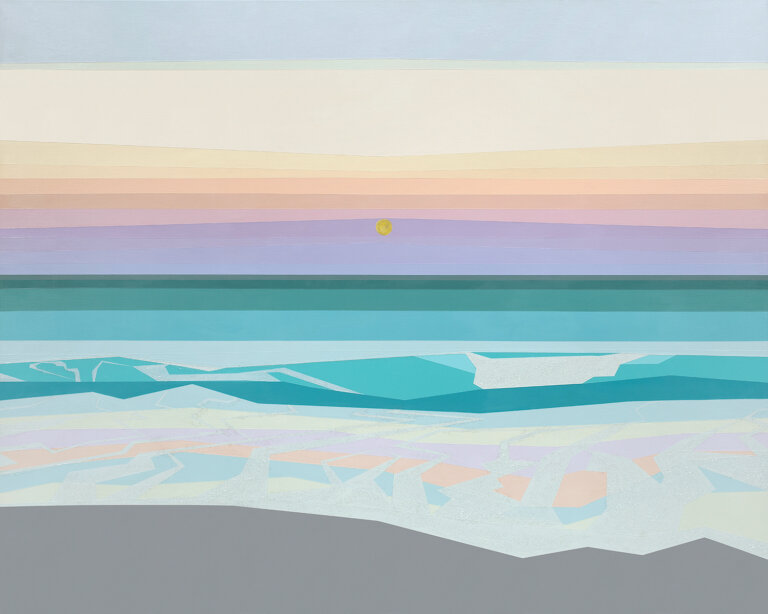 an acrylic and diamond dust landscape piece on canvas of an oceanfront during sunset. the sky is made of bands of color in periwinkle, peach, clementine, lavender, and lilac above a teal ocean with crashing waves on a gray beach