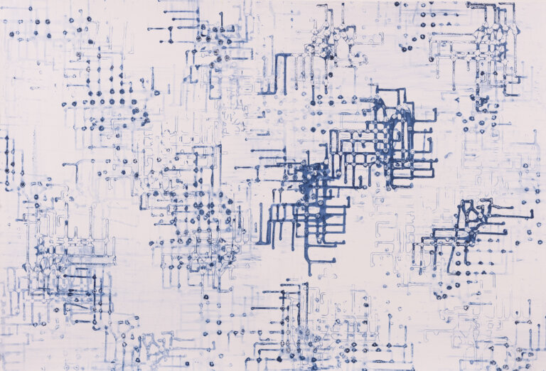 an abstract silkscreen painting on paper. there are scattered geometric spider-like shapes in shades of indigo, medium, and light blue on a pale background