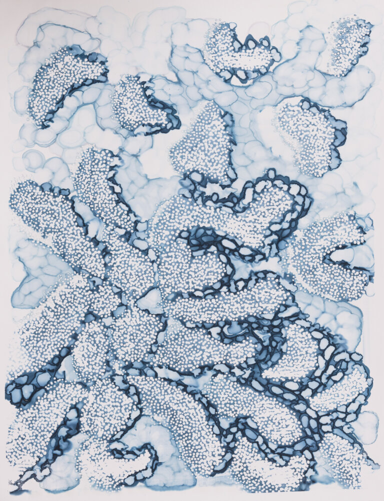 an abstract silkscreen painting on paper. there are scattered bubbly octopus tentacle-like shapes in shades of indigo, medium, and light blue on a pale background