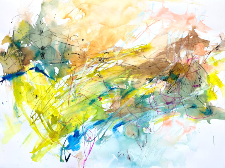 Bold abstract of slashes of lime, peach, teal, terra cotta, and blue with scratches of burnt umber and violet