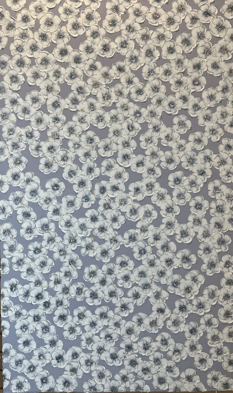 a mixed media piece on canvas of white flowers with gold centers scattered on a lavender background