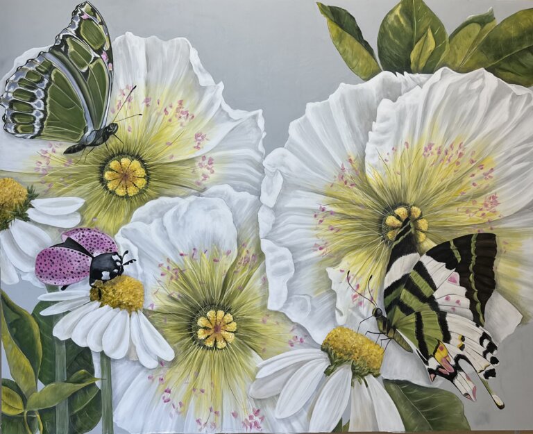 a mixed media piece on canvas with three large white flowers with feathery yellow and pink centers, with three small daisies in front. there are green leaves behind the flowers against a pale gray background. on one of the daisies in the bottom left corner is a bright pink spotted ladybug. on a daisy in the bottom right corner is a large green, black, and white swallowtail butterfly with pink and yellow accents. on one of the large flowers in the top left corner is a sap green, periwinkle, and black butterfly with pink accents.