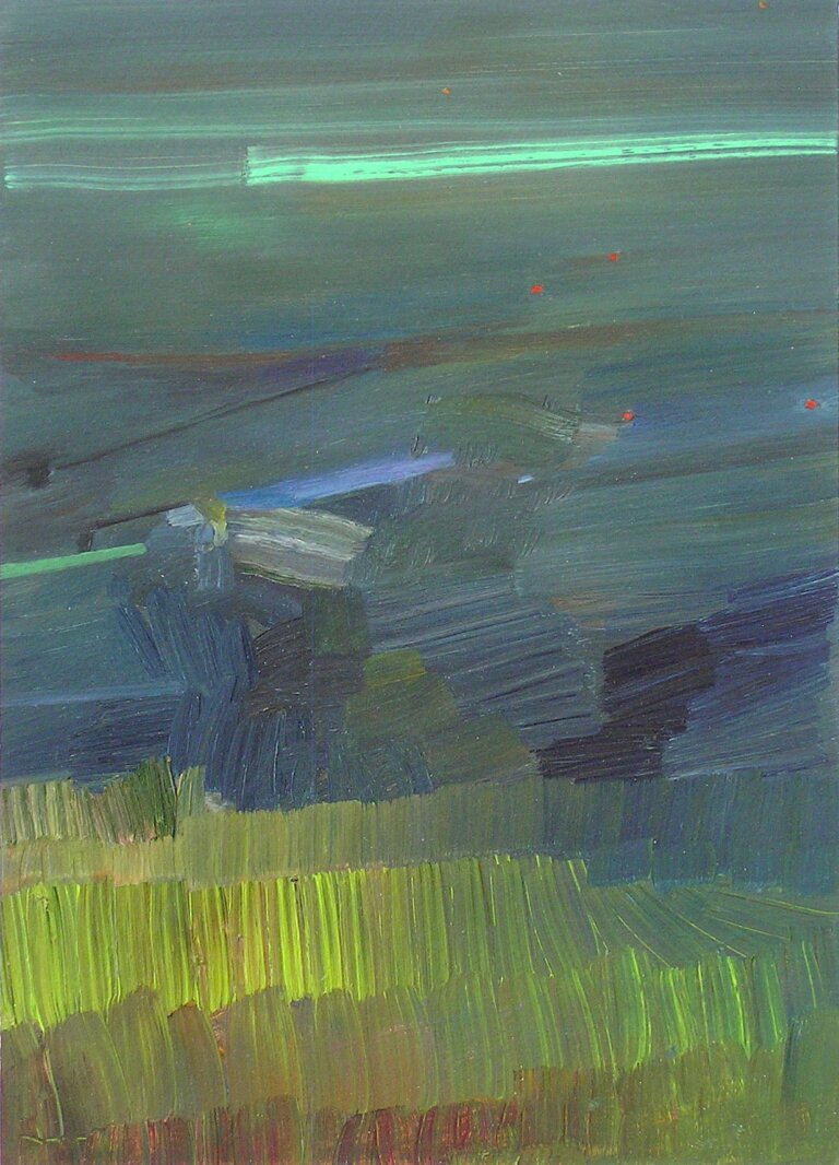 an oil painting on 3/4 inch birch panel. the bottom is painted in short vertical strokes of lime, olive, sand, and red. above this, there are indigo, violet, and cobalt swashes. the top is a muted teal color and has a horizontal cyan streak across the top middle. there are a few red and vermillion pin prick dots scattered on the painting