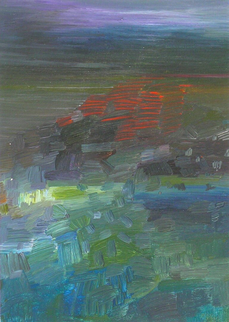 an oil painting on 3/4 inch birch panel. the colors of this painting are muted teal, olive, cobalt, indigo, violet, and vermillion. the brush strokes are short and sporadic in the bottom 2/3 of the piece, but the top third has long, smooth horizontal strokes. there is a hazy lilac cloud at the top of the piece. below this is a scrubby red and vermillion shape that resembles fire or a mountain.