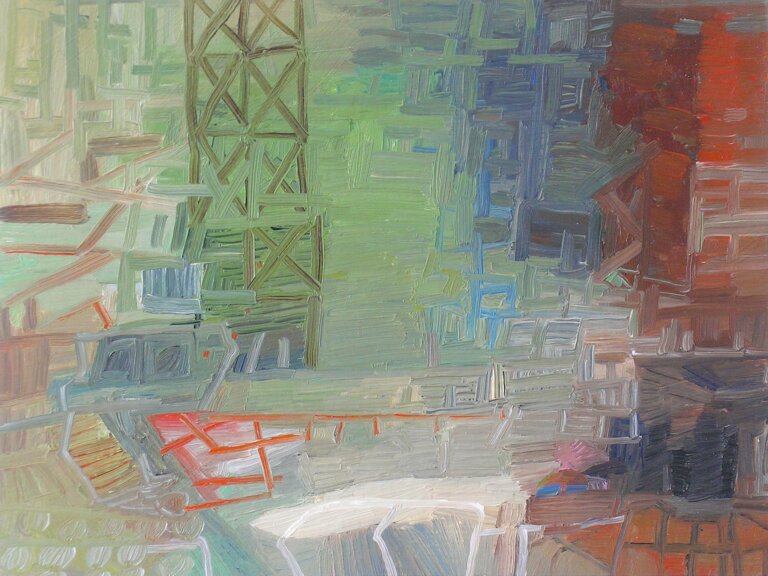 an oil painting on 3/4 inch birch panel. the colors of this painting are pale green, muted cobalt, rust, indigo, white, sage, gray, burnt umber, vermillion, cream, sky blue, peach, and lavender. the right edge of the piece is reddish and accented by grid like markings in white and gray. the rest of the painting is different blocks of green and pale blue, with a vertical shape that resembles a communication tower painted in burnt umber