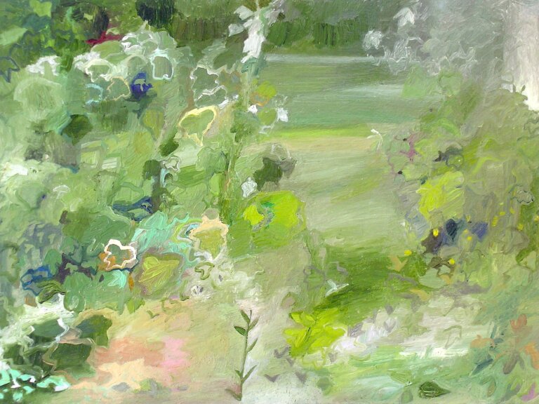 an oil painting on 3/4 inch birch panel. the colors of this painting are an array of lime green, olive green, sage, kelly green, pine green, peach, and white, and is accented with cobalt, yellow, and magenta. the painting resembles a wooded path painted in hazy greens and tans leading away from the viewer. the path is edged with large green bushes, green brush, and floral outlines.