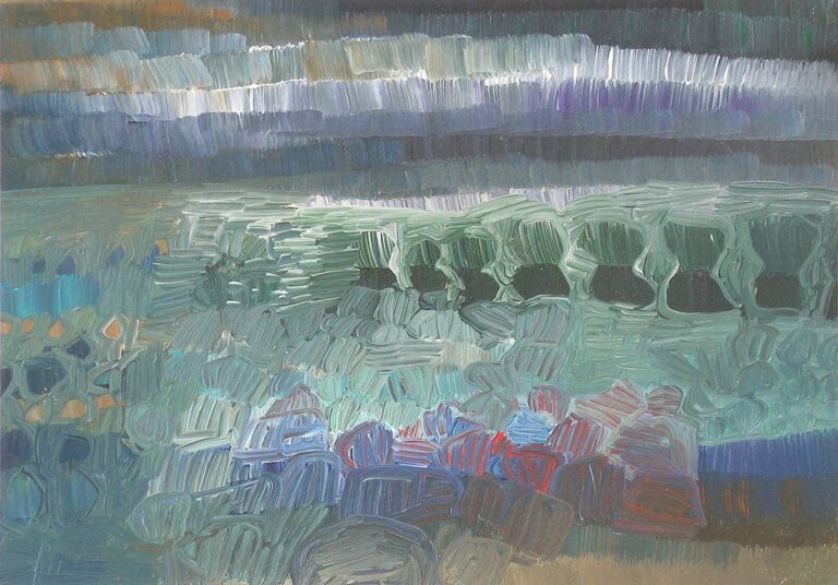 an oil painting on 3/4 inch birch panel. the colors of this painting are an array of sage, lilac, gray, muted cobalt, powder blue, yellow ochre, white, vermillion, sky blue, slate, and mint. the top 1/3 of the piece is horizontal bands of small vertical strokes in shades of white, yellow ochre, sage, and purple. the rest is made up of small round and square shapes arranged partly in rows and randomly.