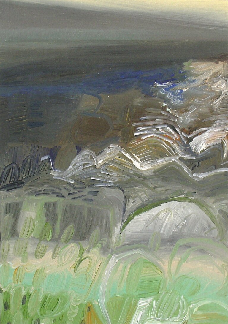 an oil painting on 3/4 inch birch panel. the colors of this painting are an array of sage, mint, olive, slate, cobalt, tan, peach, burnt umber, sand, white, and terra cotta. the foreground has a few botanical shapes in light greens. the background fades into the distance with a moody slate colored sky and rock shapes in white and different browns. there is a hazy cobalt stripe across the horizon in the distance.