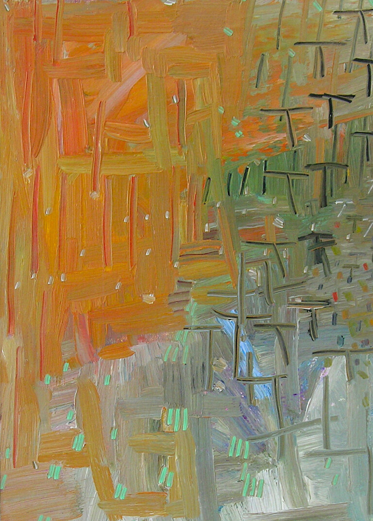 an oil painting on 3/4 inch birch panel. the colors of this painting are clementine, yellow ochre, lime, sage, black, burnt sienna, cucumber green, ash gray, vermillion, light sage, and mute peach. the top left diagonal half of the piece is predominantly warm toned, and the other half is cool-toned greens and grays with black, lime, and coral colored accent brushstrokes. the right side of the piece has dark thin "T" shapes accenting it. there are small pale dots covering the piece along with thin vertical mint-colored lines in pairs and triads accenting the bottom of the piece.