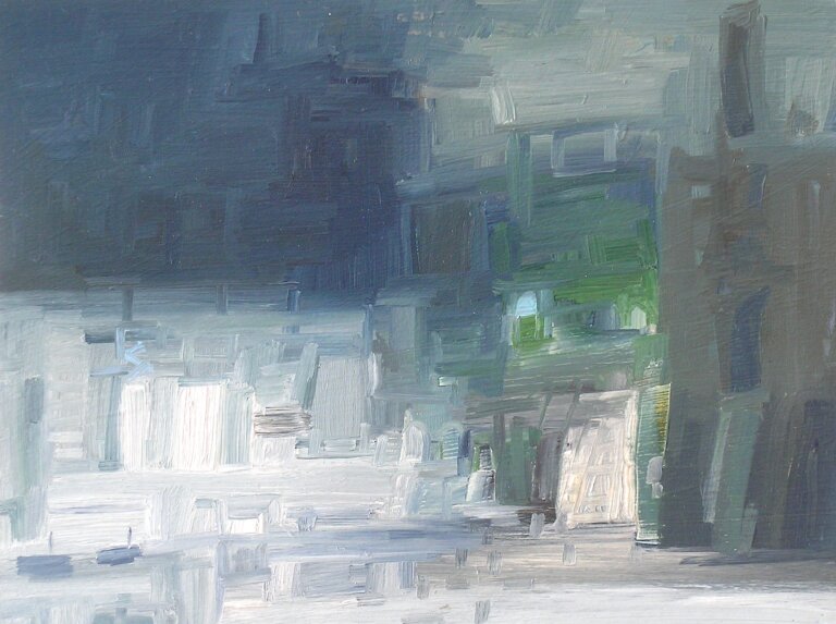 an oil painting on 3/4 inch birch panel. the colors of this painting are an array of slate, cobalt, blue-gray, payne's gray, prussian blue, emerald, white, and other cool muted browns. the top left corner is a deep blue rectangle, and the rest of the piece is populated with short vertical and horizontal brush strokes.