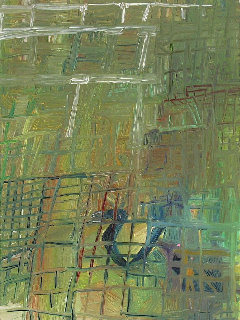 an oil painting on 3/4 inch birch panel. the colors of this painting are an array of olive, sage, pine, emerald, teal, red, white, yellow ochre, and sand. the piece is mostly green and is webbed with lattice-like marks in white, red, blue, and gold that blends into the background