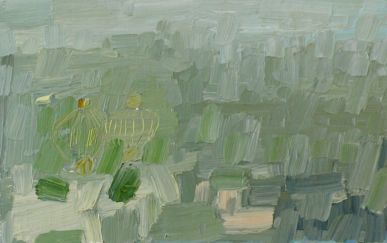 an oil painting on 3/4 inch birch panel. the colors of this painting are an array of olive, sage, pine, emerald, dusty gray, teal, and sand. there are two small yellow lantern-like shapes on the left side of the piece.