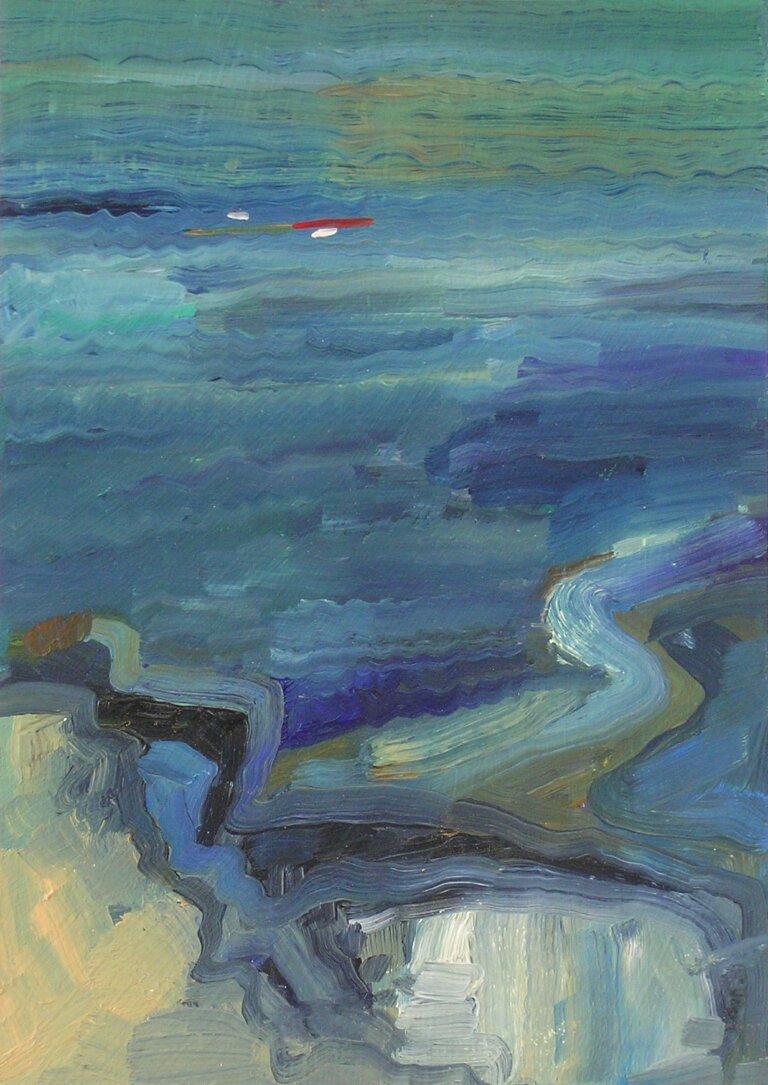 an oil painting on 3/4 inch birch panel. the colors of this painting are an array of olive, sage, pine, emerald, dusty gray, teal, cobalt, sky blue, slate, yellow ochre, mint, indigo, and sage. there are wavy shapes covering the bottom 3/4 of the piece that appear to be a body of water. in the top 1/4 of the piece are two small horizontal white ovals, and one thin red oval that emulates a small kayak on the water.