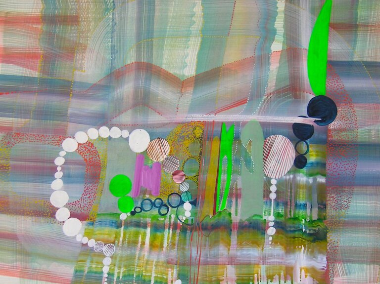 an abstract watercolor painting with a pastel plaid-like pattern in the background. the bottom middle section is a brightly colored amalgamation of dots, circles, stripes, and organic shapes in neon green, bright magenta, white, navy, sage, and yellow ochre.