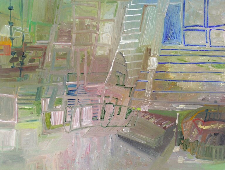 an oil painting on 3/4 inch birch panel. the colors of this painting are an array of olive, sage, pine, emerald, dusty gray, teal, peach, mauve, yellow ochre, white, and sand. there are four window-like rectangles outlined in cobalt blue in the top right corner and a handful of thin horizontal cobalt blue lines underneath that give the appearance of a staircase descending. there is a white newel post as well. there are other lattice-like sections of the piece that are in various shades of grays, mauves, and greens against a hazy background.