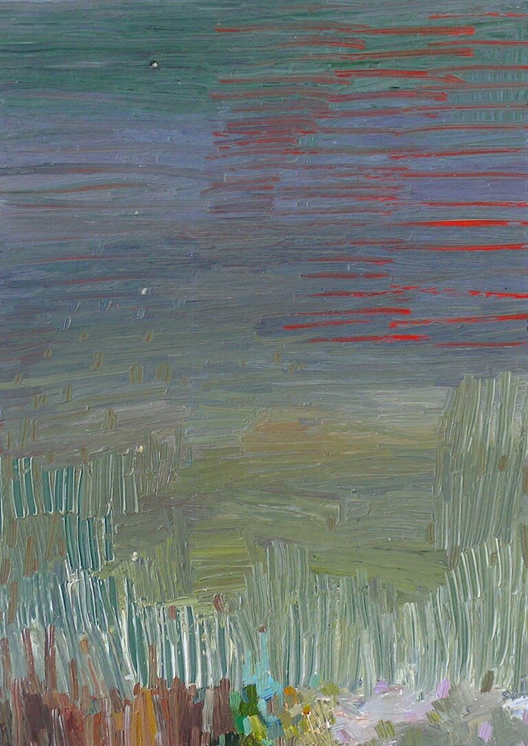 an oil painting on 3/4 inch birch panel. the colors of this painting are an array of olive, sage, pine, red, mint, sand, terra cotta, and burnt umber. the top half of the piece is horizontal brushstrokes of lavender, teal, and red. the bottom half has short vertical brushstrokes in green and white that create a grass-like appearance.