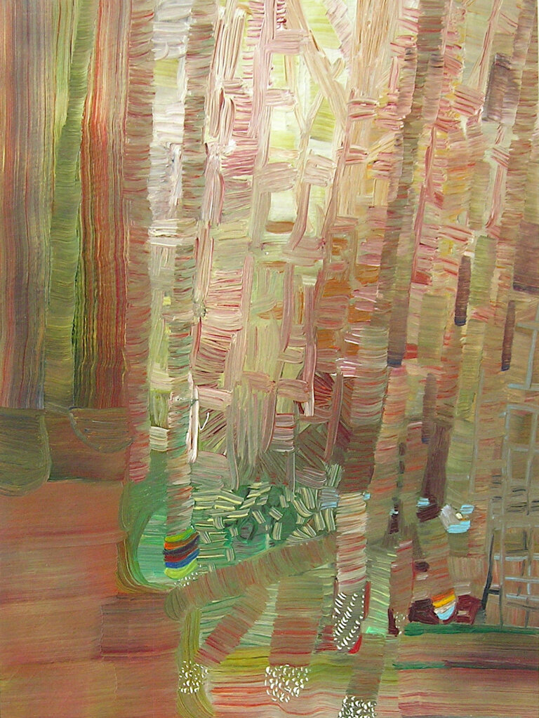 an oil painting on 3/4 inch birch panel. the colors of this painting are reds and greens. the painting is done with short horizontal brushstrokes that create long vertical stalks, similar to rhubarb plants.