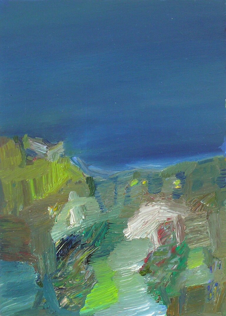 an oil painting on 3/4 inch birch panel. the colors of this painting are an array of olive, sage, pine, red, mint, sand, cobalt, indigo, teal, cream, lime, and mauve. the top half is a smooth section of various shades of blue blended together to create a beautiful sky. the bottom half is a nature scene painted abstractly with chunks of color.