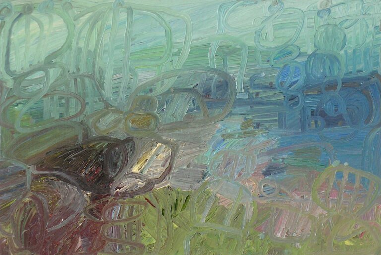 an oil painting on 3/4 inch birch panel. the colors of this painting are an array of olive, sage, pine, red, mint, sand, mauve, peach, pink, sky blue, burnt umber, and maroon. the piece roughly resemble a landscape painted in rash strokes, and it has an overlay of swirling strokes on top.