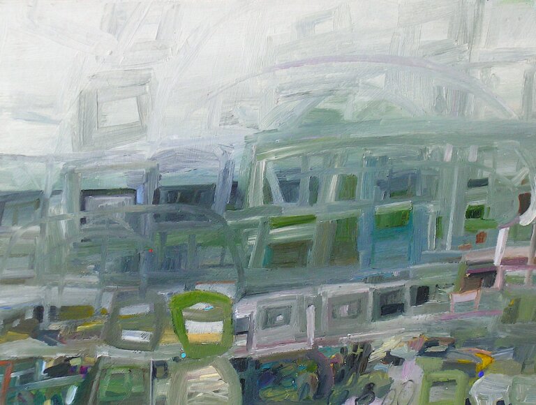 an oil painting on 3/4 inch birch panel. the colors of this painting are an array of olive, sage, pine, red, mint, sand, mauve, sky blue, white, pale gray, and yellow ochre. the painting roughly depicts a bridge over water with some greenery in the foreground and a hazy white sky in the background. it is covered in rings and square outlines that give it a natural but organized structure and appearance.