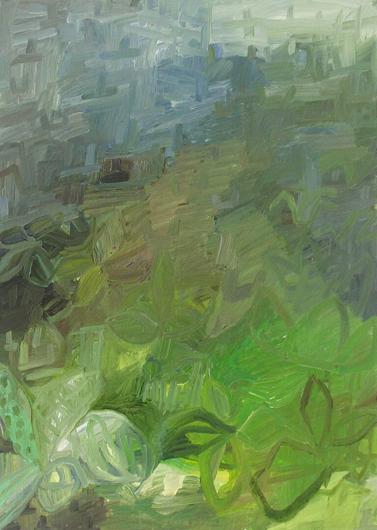 an oil painting on 3/4 inch birch panel. the colors of this painting are an array of olive, sage, pine, red, mint, sand, mauve, sky blue, white, pale gray, and yellow ochre. the bottom half is mostly green and is overlaid with floral and botanical outlines, and the top is gray-blue and painted with short vertical and horizontal strokes