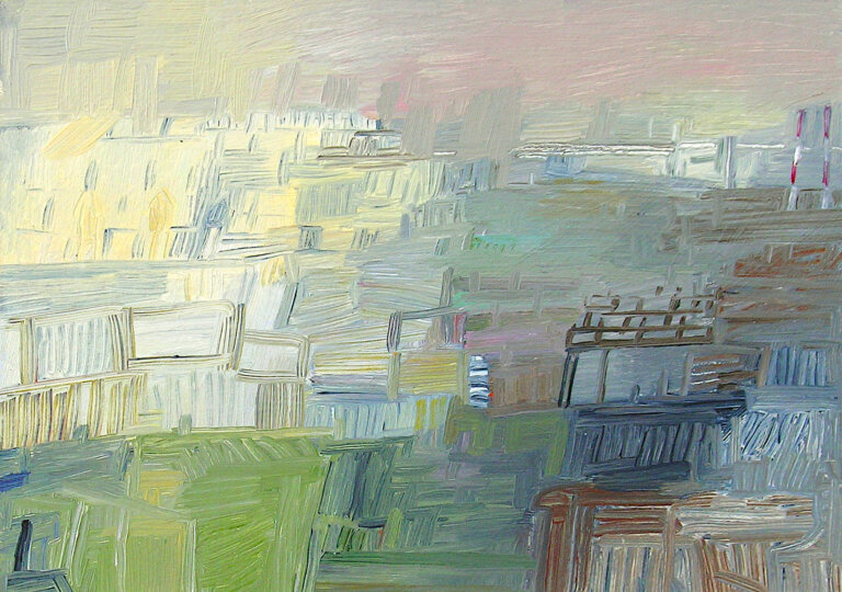 an oil painting on 3/4 inch birch panel. the colors of this painting are mauve, terra cotta, indigo, butter yellow, burnt umber, lime green, white, peach, and slate.