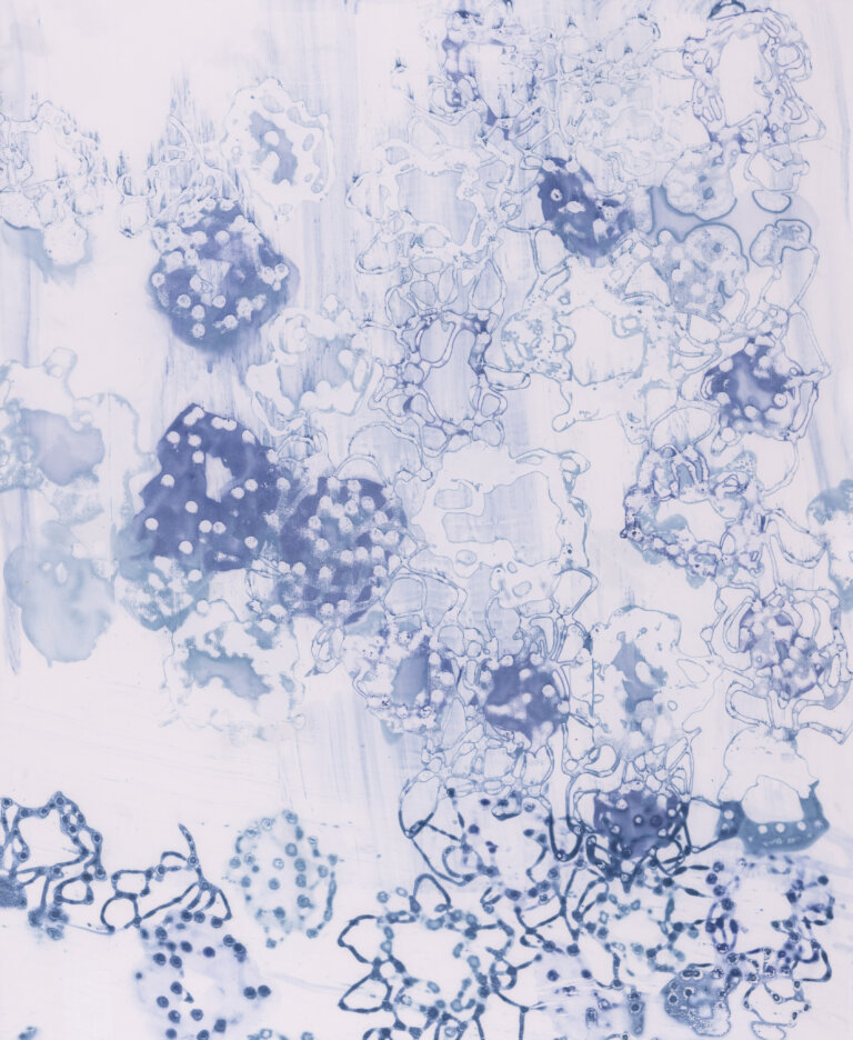 an abstract silkscreen painting on paper. there are scattered swirling shapes that resemble flowers and water stains in shades of indigo, medium, and light blue on a pale background