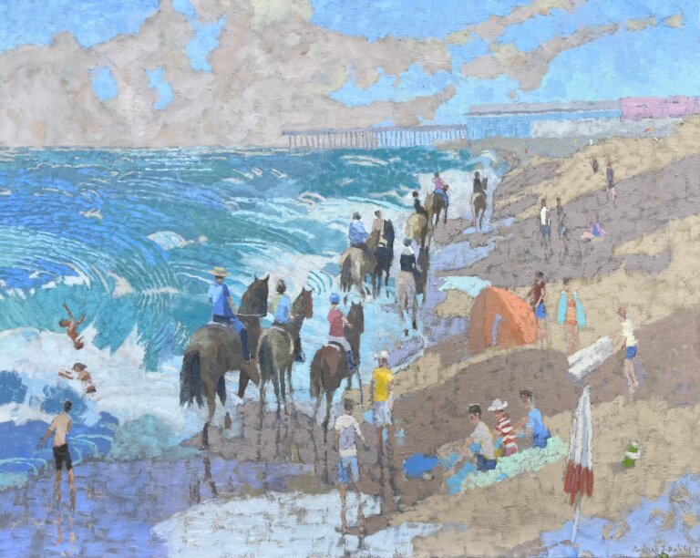 an oil landscape on canvas depicting a slew of horseback riders riding along the shoreline of Virginia Beach. the blue and teal waves are crashing and foaming against the brown rocky shoreline as riders on brown and white horses ride. there are also people in the water swimming and people on the shore sitting on blankets and walking. in the distance the sky is a mix of blue and mint with fluffy gray and cream colored clouds. on the horizon line there is a pier and a long blue building with a gray roof.