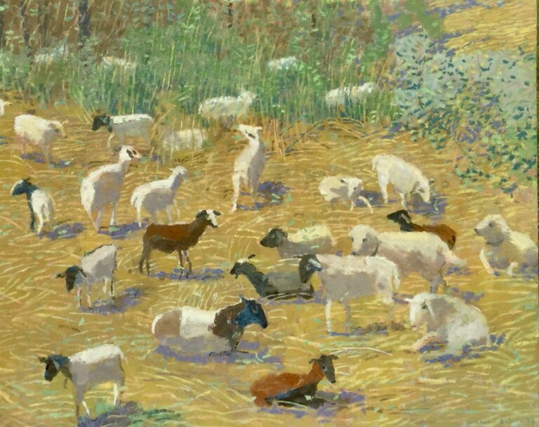 a rural scene featuring a small herd of sheep in a clearing. there is a small clump of bamboo trees around the clearing. some sheep are laying down and resting, while others look around and stand.