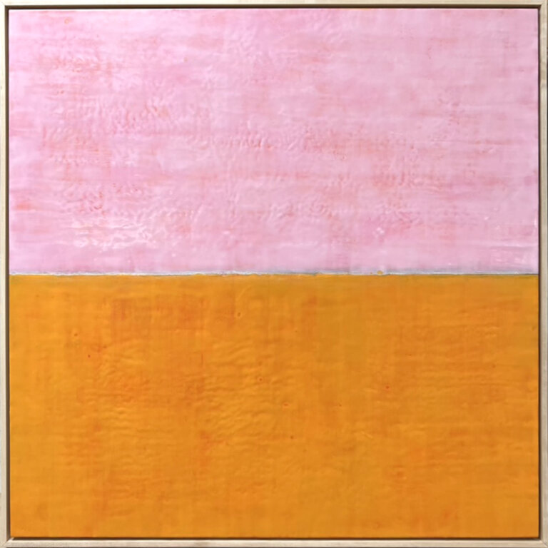 an encaustic piece where the top half is a bright bubblegum pink and the bottom half is bright clementine orange. this piece has a fresh air that encourages the viewer and emulates the feeling of starting a day anew and having a new beginning.
