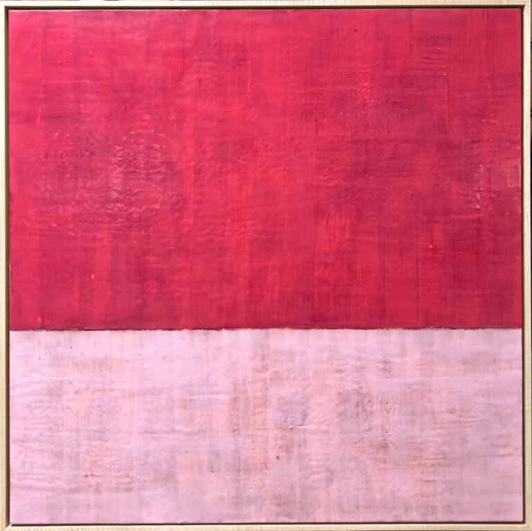 an encaustic piece where the top 2/3 is a vibrant rose pink and the bottom 1/3 is a bright bubblegum pink. these two colors together provide contrast for each other, and they are bright, joyful, and happy shades.