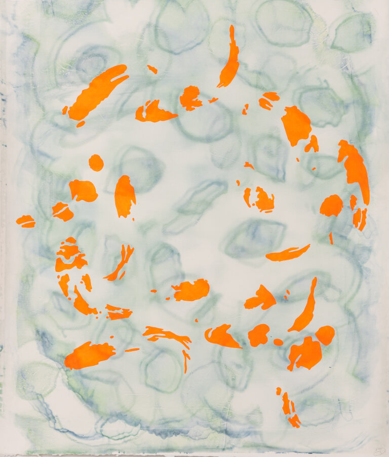 an abstract painting on silk. there are opaque sea glass and pale indigo colored bubble shapes layered in the background, and clementine colored abstract interpretations of koi fish in the foreground