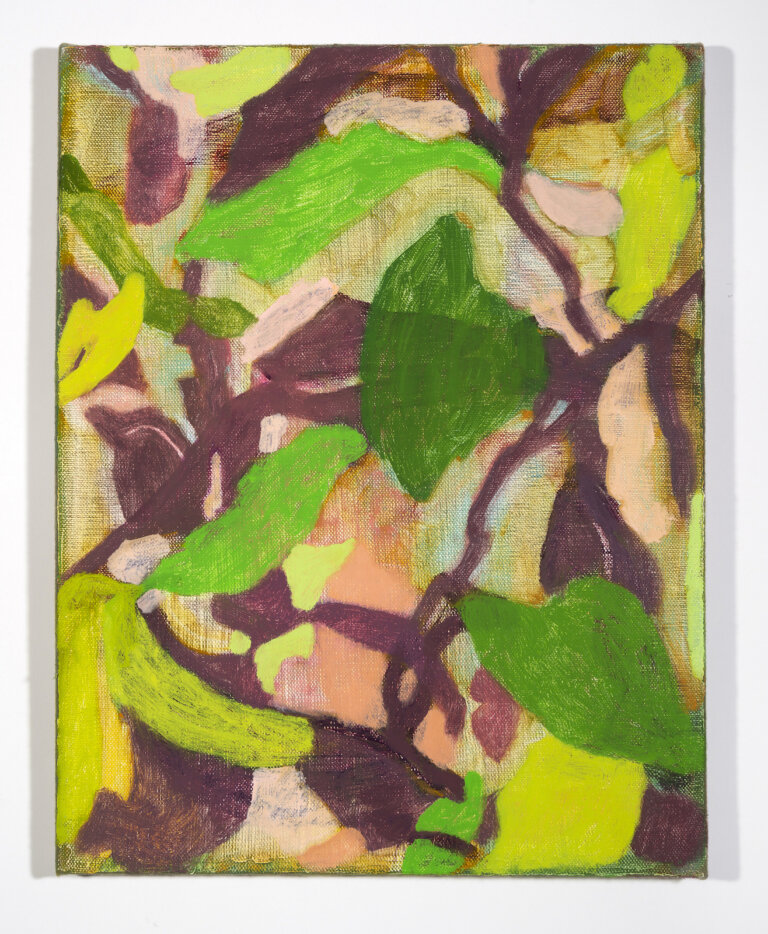 an abstract mixed media piece made of organic shapes in shades of permanent green, magenta, emerald, mauve, pale peach, citron yellow, muted orange, mushroom brown, and pale coral. the shapes are organic and seem plant-like.