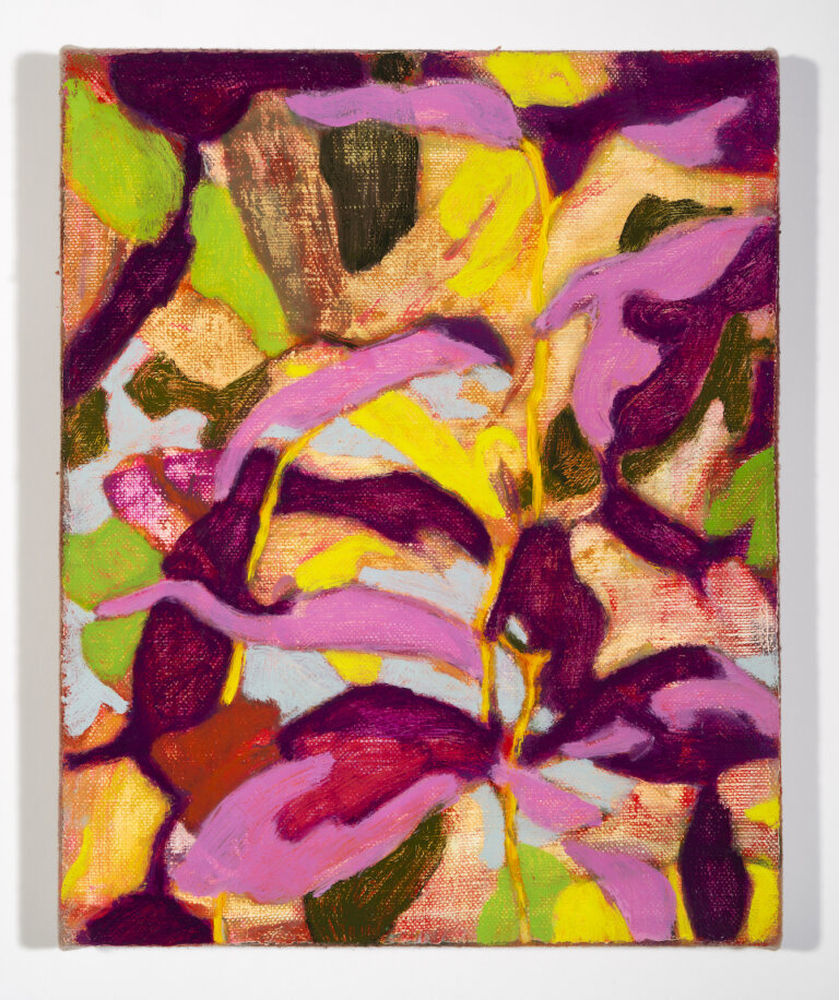 an abstract mixed media piece made of organic shapes in shades of magenta, crimson, bubblegum pink, bright lime green, burnt umber, faded peach, lemon yellow, mushroom brown, and coral. the shapes are organic and seem plant-like.
