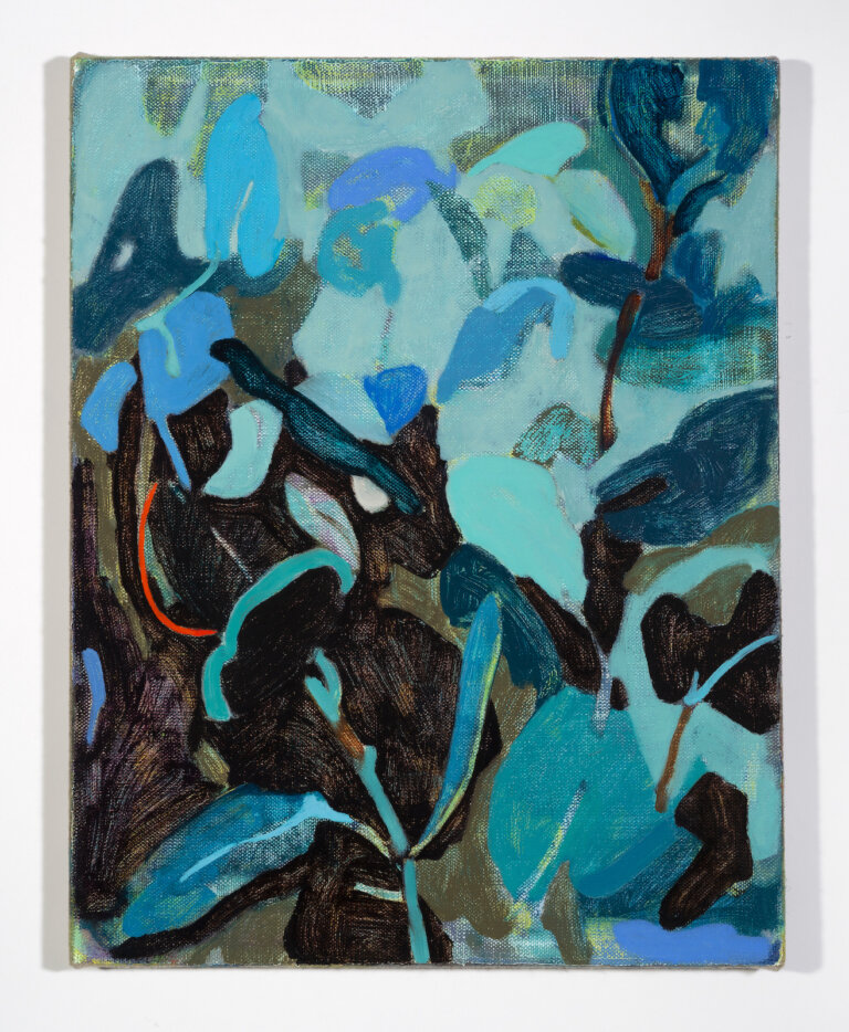 an abstract mixed media piece made of organic shapes in shades of mint, teal, emerald, indigo, burnt umber, crimson, muted turquoise, mushroom brown, and aqua. the shapes are organic and seem plant-like.