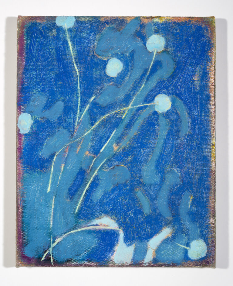 an abstract mixed media piece with a mostly cobalt blue background with some paler sky blue accents. the painting is bordered with a multicolored muted strip that reads as brown and magenta and hazy. in the foreground are 6 woolly head flowers painted in pale cyan blue.