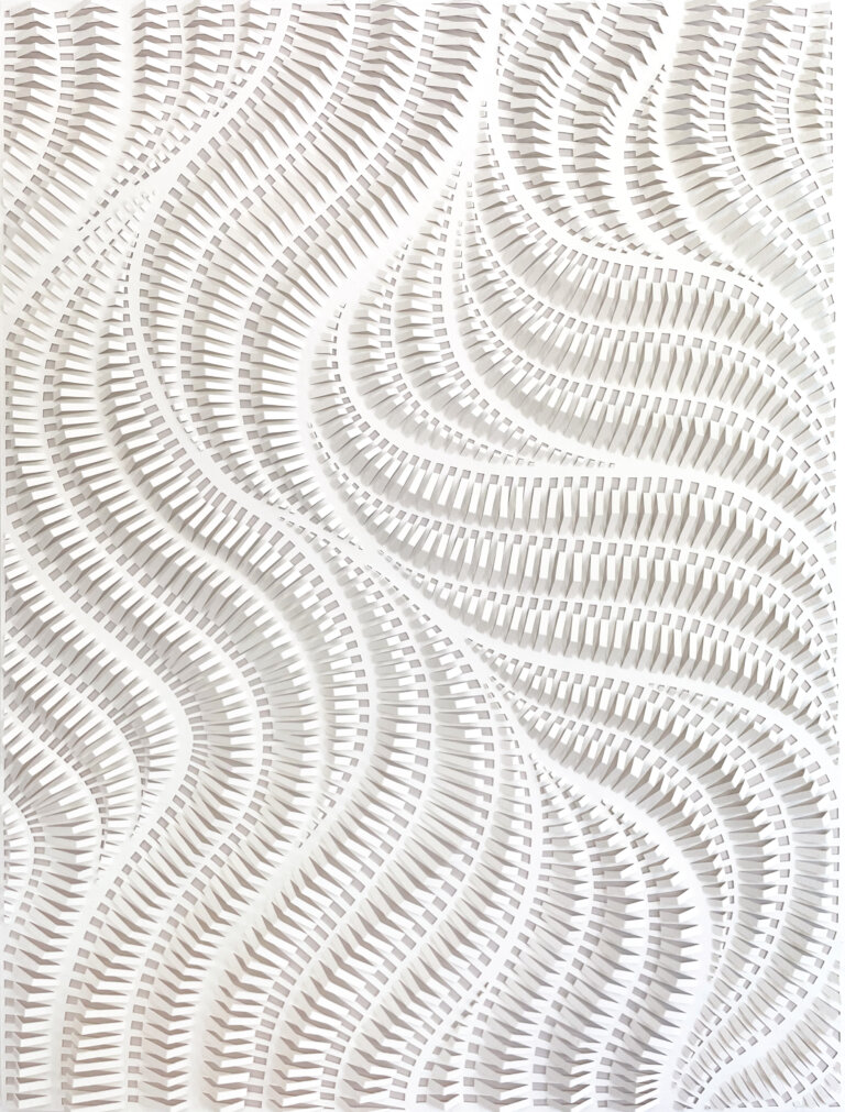 a hand cut paper relief on white paper scored with a thin blade to produce depth and variation of texture in an organic, swaying pattern