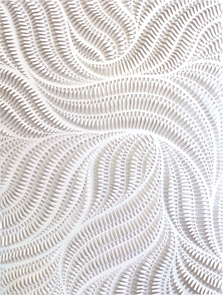 a hand cut paper relief on white paper scored with a thin blade to produce depth and variation of texture in an organic, swaying pattern