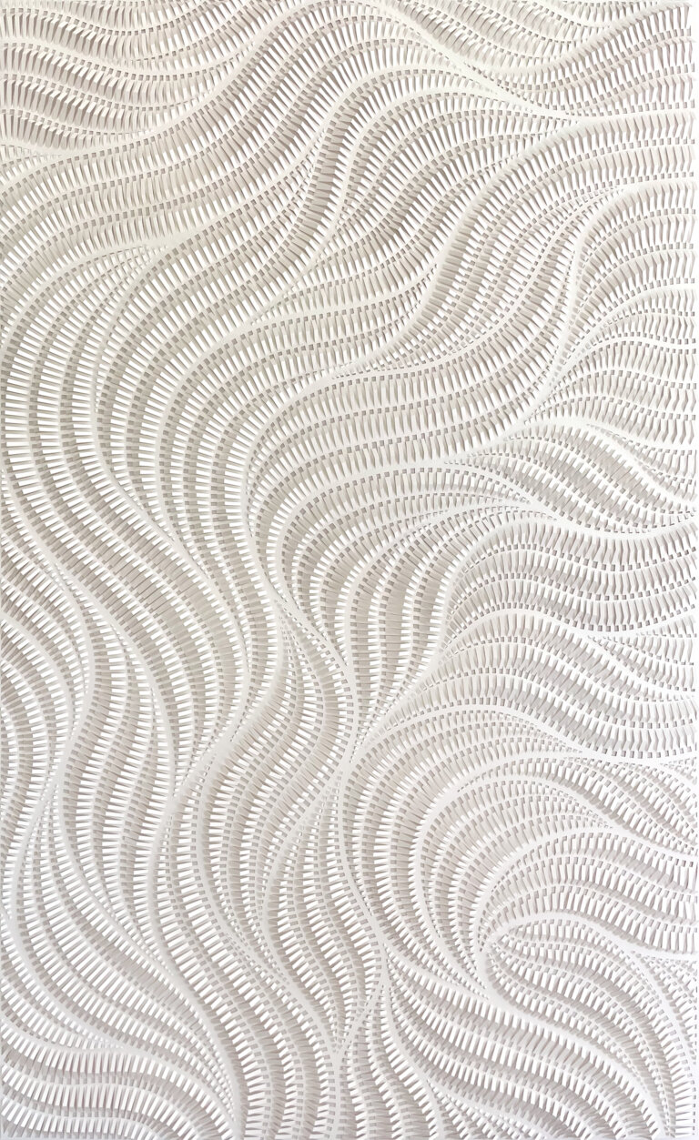 a hand cut paper relief on white paper scored with a thin blade to produce depth and variation of texture in an organic, swaying pattern